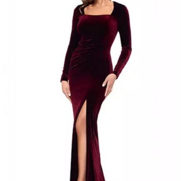 Xscape Burgundy Long-Sleeve Front-Slit Velvet Gown - Picture 1 of 6